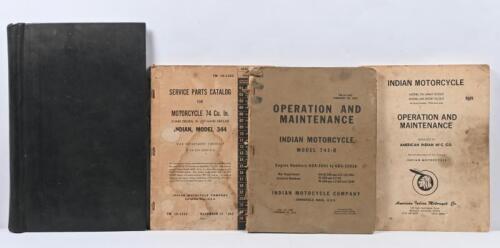 INDIAN: Four original 1942/1943 Indian motorcycle reference publications. Two 'OPERATION AND MAINTENANCE - INDIAN MOTORCYCLE MODEL 741-B' (TM - 10 - 1485), MODEL 741 ARMY SCOUT, MODEL 640 SPORT SCOUT (All Scout Models 1934 and later) manuals & two copies of 'SERVICE PARTS CATALOG FOR MOTORCYCLE 74 Cu. In. CHAIN DRIVEN, W LEFT-HAND SIDECAR'. All produced by Indian Motocycle Company