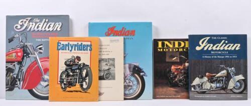 INDIAN: A collection of publications mostly concerned with Indian motorcycles. 'Indian - THE IRON INDIAN' hardcover book by Jim Lensveld & 'THE SPORTING CAR CLUB'S SOUTH AUSTRALIAN MOTORING HISTORY BOOK No.4 MOTOR-CYCLES, 1899-1930' softcover book. [Location: Melbourne]