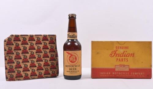 INDIAN: Three Indian related items. Beer Bottle & Empty Indian Part Boxes