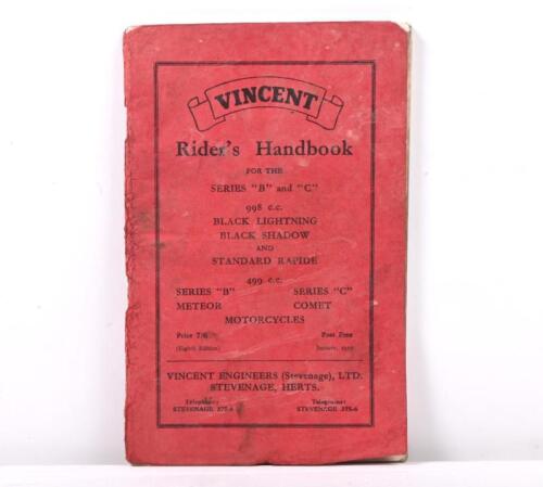 A 1955, Eighth edition of 'VINCENT Rider's Handbook FOR THE SERIES "B" and "C" 998 c.c. BLACK LIGHTNING, BLACK SHADOW, STANDARD RAPIDE, COMET, METEOR' Motorcycles