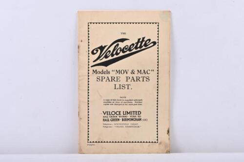 VELOCETTE: An original 'THE Velocette Models "MOV & MAC" SPARE PARTS LIST'. As produced by VELOCE LIMITED