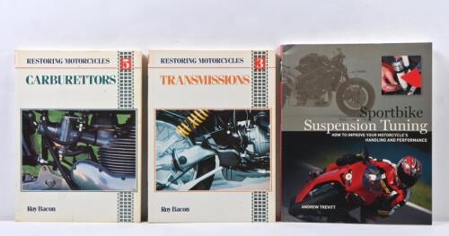 TUNING: Three motorcycle books related to tuning including 'Restoring Motorcycles' issues 3 'Transmissions' & issue 5 'Carburettors' by Roy Bacon, along with 'Sportbike Suspension Tuning' by Andrew Trevitt.