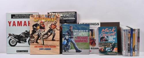 MOTORCYCLE REVIEWS: A large collection of Motorcycling books and DVDs including 'Speedway and short track racing' by Dave Lanning, 'A short history of the motorcycle' by Richard Hammond and others.