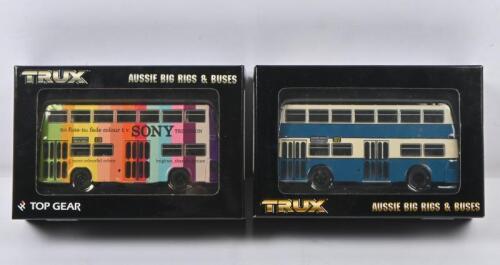 SYDNEY ATLANTEAN: Two Trux 1:76 scale 1970 Sydney Atlantean Double Decker Buses including Public Transport Commission of NSW Route 438 Abbotsford bus in Sony Trinitron colourful livery Code TX17C and Public Transport Commision of NSW Route 372 Coogee Beach Code TX17.