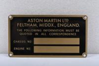 ASTON MARTIN: A new old stock Aston Martin Feltham, Middx., England Chassis/Engine plaque.&nbsp;
