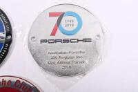PORSCHE: Three round Porsche grill badges including 356 Register 26th Annual Parade 2011 and two others. - 3