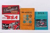 BSA: Three publications detailing BSA motorcycles. 'BSA A50/A65 TWINS ALL MODELS 1962-1972' hardcover book by Roy Bacon