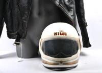 MOTORCYCLE GEAR: Two items of motorcycle clothing and headwear. Swiss made 'KIWI' Integral K 12 helmet, size 58 & Melbourne made A. & P. 'LEATHER JACKETS FOR MOTORCYCLES', size 6 - 2