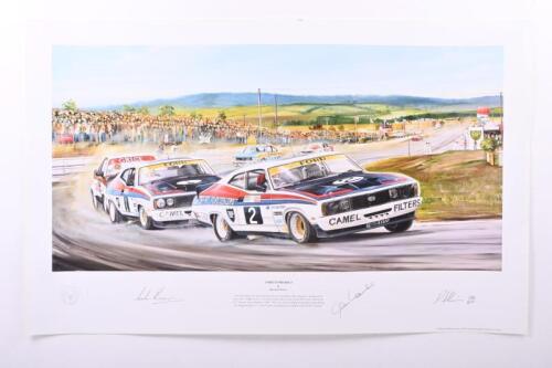 FORD: A large limited edition print titled Ford Supremacy by Randall Wilson, celebrating the Bathurst 1-2 finish, signed and numbered in pencil to lower margin Colin Bond, Alan Hamilton and artist Randall Wilson. Limited edition number 184/850.