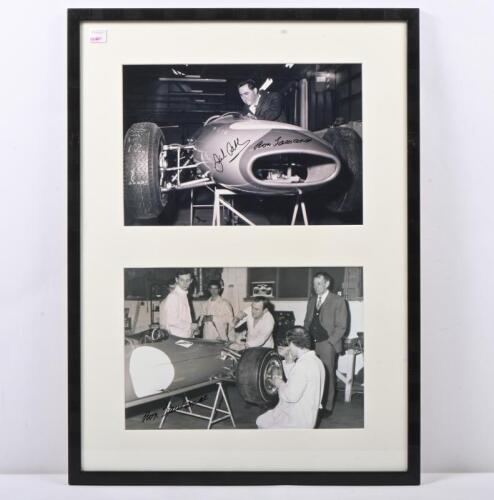 BRABHAM/TAURANAC: Two black and white photographs of Sir Jack Brabham & Ron Tauranac inspecting their MRD Brabham at the Weybridge factory in the 1960s, each image hand signed by Jack and Ron in black.
