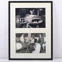 BRABHAM/TAURANAC: Two black and white photographs of Sir Jack Brabham & Ron Tauranac inspecting their MRD Brabham at the Weybridge factory in the 1960s, each image hand signed by Jack and Ron in black.