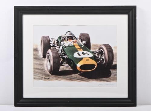 BRABHAM/TAURANAC: A limited-edition print featuring Jack Brabham in 1966 Championship winning Brabham BT19, signed in pencil by constructor Ron Tauranac. Framed, 56.5cm wide, 47cm high.