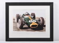 BRABHAM/TAURANAC: A limited-edition print featuring Jack Brabham in 1966 Championship winning Brabham BT19, signed in pencil by constructor Ron Tauranac. Framed, 56.5cm wide, 47cm high.