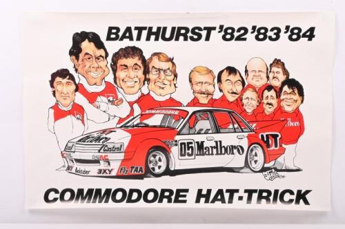 HDT: A original small poster commemorating the Commodore Bathurst Hat-trick, 1982,83, & 84 with artwork by Stonie. 61cm wide, 31.5cm high.