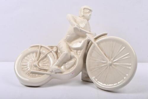 SCULPTURE: A large interesting white ceramic c1970s figure of a rider on a speedway bike 43cm wide, 33cm high