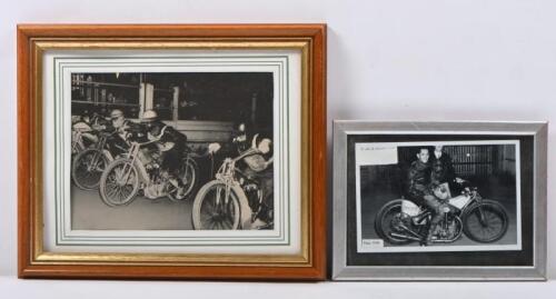 KEITH COX: Two framed black and white photographs featuring popular speedway rider Keith Cox at 'Ekka' Exhibition Grounds Speedway Track Brisbane. One 1949 the other 1953.