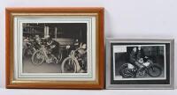KEITH COX: Two framed black and white photographs featuring popular speedway rider Keith Cox at 'Ekka' Exhibition Grounds Speedway Track Brisbane. One 1949 the other 1953.