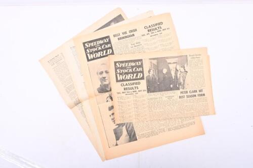 SPEEDWAY WORLD: A collection of four 1950s Speedway World newspaper like editions including No.308 1951 April, No 319 June 1951, No 619 May 1957 and one other.