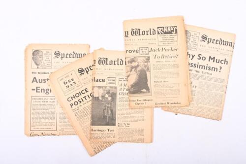 SPEEDWAY WORLD: A collection of five 1938/1939 Speedway World newspaper like editions including July 1938 Vol 2 No 14, July 1939 Vol 3 No 15, August 1939 Volume 3 No19, 20, & 21.