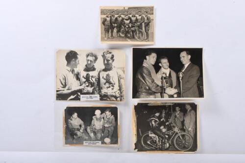 KEITH COX: A collection of five black and white photos featuring Australian speedway riders Keith Cox, Keith Gurtner, Noel Stitt, Jack Parker, and others. Photographs from events such as 1947 Best Pairs Championship QLD.