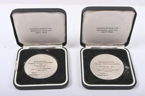 IPSWICH SIDECARS: Two unused Australian Track Championship medals - Ipswich Queensland 20.8.72. 'Ultimate Sidecar'. Not inscribed with riders or passenger names.
