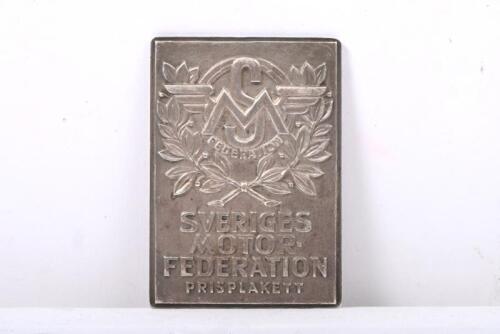 SVERIGES MOTOR FEDERATION: A excellent small metal Sveriges Motor Federation Prisplakett plaque trophy, inscribed to rear 'Landskamp Speedway Sverige - England 19 28/ 9 56'