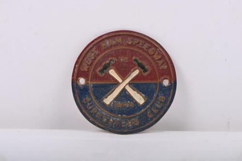 WEST HAM SPEEDWAY: A West Ham Speedway 'The Hammers' club badge 8cm diameter.
