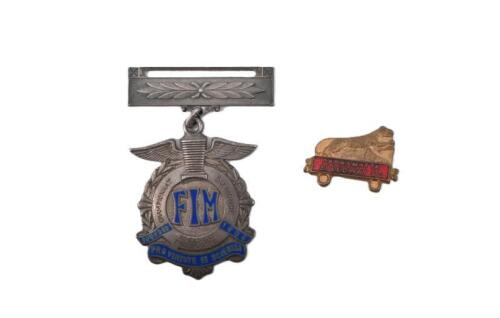 BADGES: Two badges including a small lapel pin from Parramatta Speedway as well as hanging FIM Speedway badge inscribed to reverse '1970 ACU N.Boocok'
