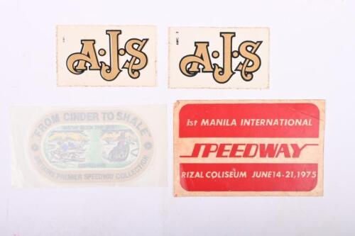 STICKERS: A collection of four stickers including 1st Manila International Speedway Rizal Coliseum June 1975 sticker, Britain's Premier Speedway collection stickers and two A.J.S stickers.