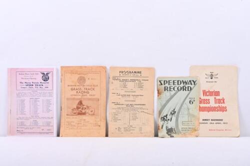 AUSTRALIAN SPEEDWAY: A collection of five Australian Speedway programmes including Oxley Park Brisbane, Romsey Racecourse Speedway 1973, 1933 Speedway Record Melbourne, and reprinted Kedron Motor Cycle Club 1956 programme.