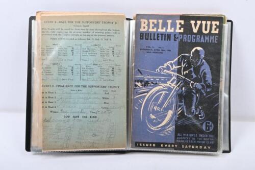BELLEVUE: A collection of Bellevue Speedway (Manchester UK) Bulletin & Programmes ranging from 1936-1961. 13 programmes in total, most 1930s-1940s however a few 1950s and 1960s programmes. All housed within a A5 sized display folder.
