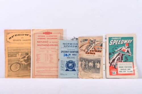 BRITISH SPEEDWAY: A collection of five British Speedway ephemera items including Speedway News Vol 1 No 6 1933, Norwich 1959 & Cardiff 1952, & Speedway News 1930 No.8.