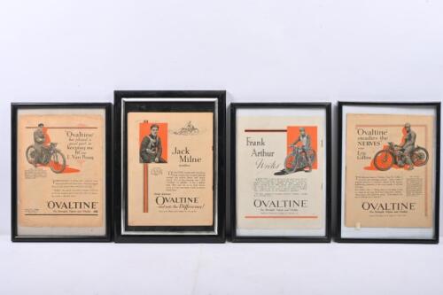 OVALTINE ADVERTS: Four A4 sized frames featuring original Ovaltine adverts with various speedway riders such as L.Van Praag, Jack Milne, Frank Arthur, & Eric Collins.