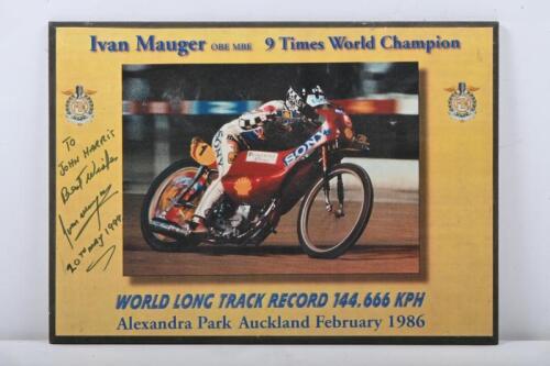 IVAN MAUGER: A poster featuring Ivan Mauger at Alexandra Park speedway Auckland 1986 personally signed and inscribed to John Harris by Mauger. 40.5cm wide, 29cm high.