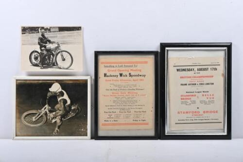 SPEEDWAY EMPHEMERA: 3 framed photographs + 1 unframed including photo personally signed and inscribed by Ron Bainbridge, Garry Hay photo framed & 2 speedway programmes
