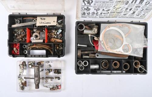 PARTS: A collection of misc motorcycle parts contained witthin three containers as photographed.