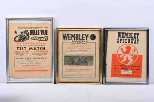 BRITISH SPEEDWAY PROGRAMMES: Three framed speedway programmes/advertisements including Wembley & Belle Vue Speedways. National League Match and Test Match events.