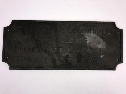 PLAQUE: An impressive and large brass plaque 'SHAY GEARED LOCOMOTIVE SOLE AGENTS, GISON BATTLE & CO, LTD, 535 KENT ST. SYDNEY' , 61cm wide