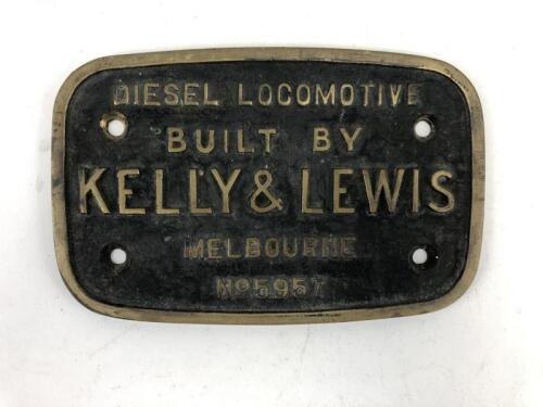 PLAQUE: A brass plaque reading 'DIESEL LOCOMOTIVE BUILT BY KELLY & LEWIS MELBOURNE No.5957'
