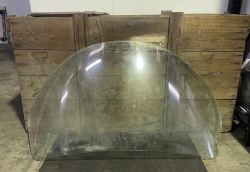 WINDSCREEN: A rare used circa 1950/60s curved glass windscreen, believed to be for a Alfa Romeo Giulietta Sprint Speciale, with accompanying period timber crate stamped to one side 'Alfa Romeo Catania' with logo below (Updated Listing)