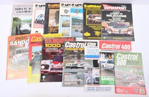 SANDOWN: A collection of race programmes from Sandown Raceway 1970s-1980s, includes 'Raceday Competition Communicator' programmes, Tribute to the champions 1982, and 500 & 1000 event programmes.