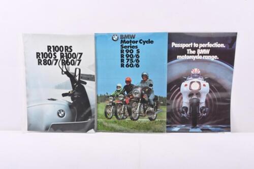 BMW BROCHURES: A collection of three BMW motorcycle brochures including BMW series R90S, R90/6, R75/6, R60/6 brochure, and two variants of R100 Rs, R100S, R100/7, R80/7, R60/7 sale brochures, including one fold out style brochure.