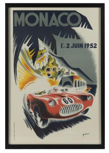 3 · MONACO 1952: A 1952 Monaco Grand Prix second edition Lithograph poster, after Bernard Minne, Framed and perspex glazed 72cm wide, 104cm high. [SALEROOM NOTICE]
