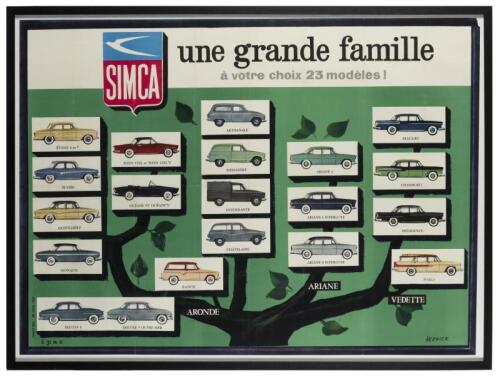 SIMCA: A large original c1960s Simca 'Une Grande Famile - A Vorte Choix modeles' poster after Francois Vernier, featuring Aronde, Ariane, Vedette models. Measures 165cm wide, 123cm high overall.