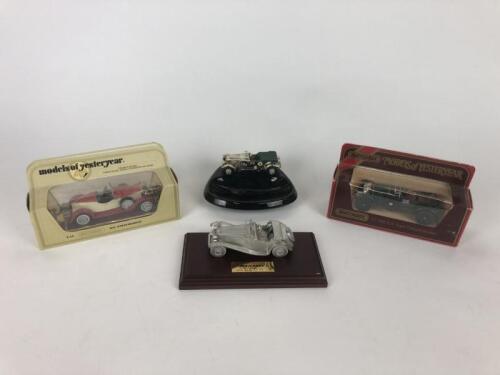 MATCHBOX: Four 'Matchbox' related items. Pewter Jaguar SS100