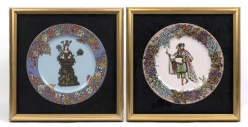 Two framed Versace&nbsp;plates by Rosenthal 'Sammelteller Versace' porcelain dinner plates, one Winter&nbsp;the other Summer season&nbsp;styles. Each measures 31cm in diameter. Framed by Art Conversation Framers Melbourne, Frame measures 44cm wide, 43.5cm high.