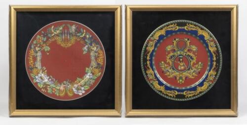 Two framed Versace&nbsp;plates&nbsp;by Rosenthal porcelain&nbsp;including 'Polygon Le Roi Soleil Platzteller' Dekor No. 406636&nbsp;& Platzeller&nbsp;Artikel&nbsp;No. 10230. Each plate measures approx 30cm in diameter. Frames measure 44cm wide, 43.5cm high.