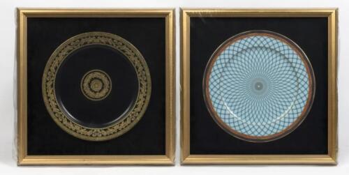 Two framed Versace&nbsp;plates by Rosenthal porcelain&nbsp;including 'Platzteller Versace Gold Baroque' Dekor No. 105071 & 'Ikarus Russian Dream Platzteller' Dekor No. 105071. Each plate measures 30cm in diameter. Frames measure 44cm wide, 43.5cm high.