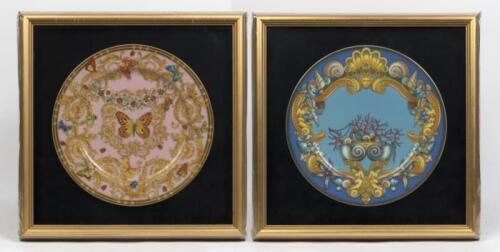 Two framed Versace&nbsp;plates&nbsp;by Rosenthal porcelain including 'Ikarus Le Jardin Des Papill' Dekor No. 409609&nbsp;& 'Ikarus&nbsp;Les Tresors De La Me Platzteller'&nbsp;Dekor No. 409608. Each plate measures 30cm in diameter. Frames measure 44cm wide, 43.5cm high.