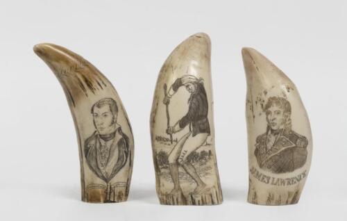Three decorative faux Scrimshaw whale teeth displaying early maritime scenes, largest 15.5cm high